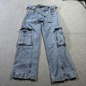 Y2K Wide Leg Denim Cargo Pants Tie Waist‎ Ankle Zip Split Hem Utility Jeans M
